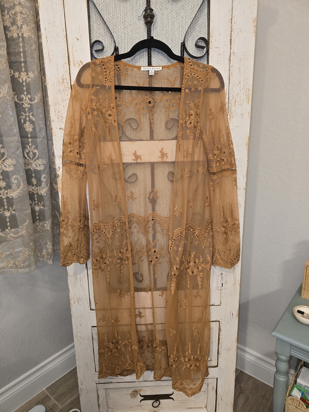 Haute Monde Embroidered Sheer Duster in Rust Gold